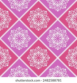 Patrón de Vector sin costuras con adorno oriental vintage en rombos. Estampado de estilo retro para textiles, decoración interior, tapicería, telas y otras superficies
