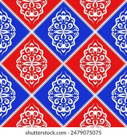 Seamless vector pattern with vintage ornament in colored rhombuses. Print for textiles, wallpaper, upholstery, interior products, surfaces.