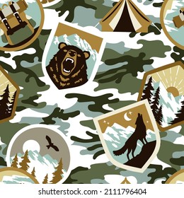 Seamless vector pattern with vintage patches on camouflage background. Perfect for textile, wallpaper or print design.
