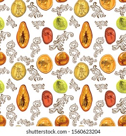 Seamless vector pattern with vintage precious insects in amber.