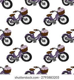 Seamless vector pattern of vintage purple bicycles with baskets full of pink flowers