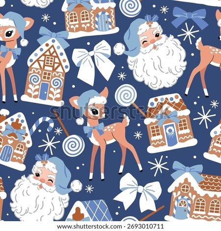 Seamless vector pattern with vintage Santa Claus and cute Christmas deer. Hand drawn retro Christmas pattern. Perfect for textile, wallpaper or nursery print design. EPS10 vector file.