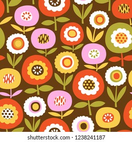 Seamless vector pattern with vintage scandinavian flowers on brown background. 