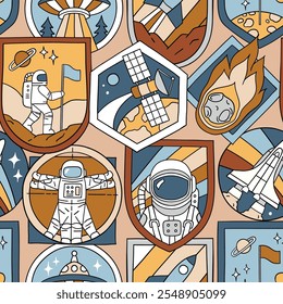 Seamless vector pattern with vintage space patches. Hand drawn retro spacecraft badges. Perfect for textile, wallpaper or nursery print design. EPS10 vector file.