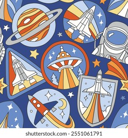 Seamless vector pattern with vintage space patches. Hand drawn retro spacecraft badges. Perfect for textile, wallpaper or nursery print design. EPS10 vector file.