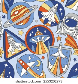 Seamless vector pattern with vintage space patches. Hand drawn retro spacecraft badges. Perfect for textile, wallpaper or nursery print design. EPS10 vector file.