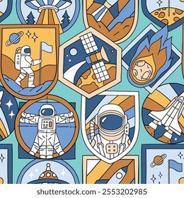 Seamless vector pattern with vintage space patches. Hand drawn retro spacecraft badges. Perfect for textile, wallpaper or nursery print design. EPS10 vector file.