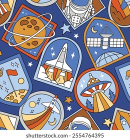 Seamless vector pattern with vintage space patches. Hand drawn retro spacecraft badges. Perfect for textile, wallpaper or nursery print design. EPS10 vector file.