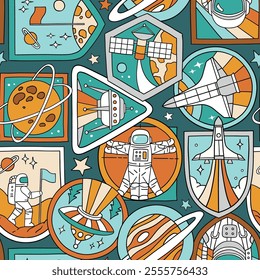 Seamless vector pattern with vintage space patches. Hand drawn retro spacecraft badges. Perfect for textile, wallpaper or nursery print design. EPS10 vector file.