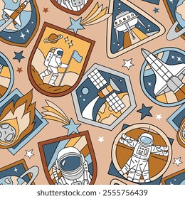 Seamless vector pattern with vintage space patches. Hand drawn retro spacecraft badges. Perfect for textile, wallpaper or nursery print design. EPS10 vector file.