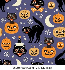 
Seamless vector pattern with vintage spooky cats and Halloween pumpkins. Hand drawn illustration. Perfect for textile, wallpaper or print design.
