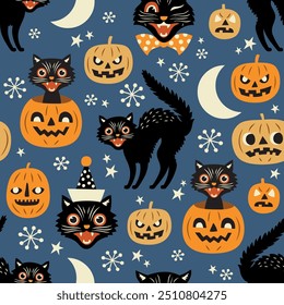 Padrão de vetor sem emenda com gatos assustadores vintage e abóboras de Halloween. Ilustração desenhada à mão. Perfeito para design têxtil, papel de parede ou impressão. Arquivo de vetor EPS10.