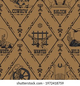Seamless vector pattern with vintage Texas logo on brown background. Decorative wild west wallpaper design. Cowboy fashion textile.