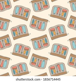 Seamless vector pattern vintage travelling design of travelling set of cosmetics in pastel colors. The design is perfect for textiles, bags, backgrounds, wrapping paper, advertisements