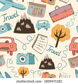 Seamless vector pattern vintage travelling design with camera, airplane, notebook, car, trees and mountains in pastel colors. The design is perfect for textiles, bags, backgrounds, wrapping paper