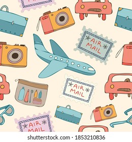 Seamless vector pattern vintage travelling design with camera, airplane, notebook, car, glasses and post stamps in pastel colors. The design is perfect for textiles, bags, backgrounds, wrapping paper