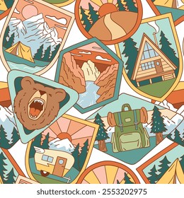 Seamless vector pattern with vintage woodland patches. Hand drawn retro camping badges. Perfect for textile, wallpaper or print design. EPS10 vector file.