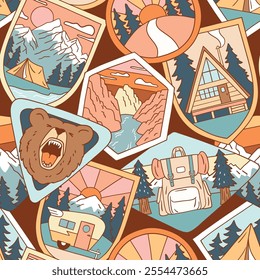 Seamless vector pattern with vintage woodland patches. Hand drawn retro camping badges. Perfect for textile, wallpaper or print design. EPS10 vector file.