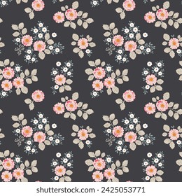 Seamless vector pattern with a vintage-style bouquet of flowers on a black background. Flowers include pale pink roses, white inflorescences and beige foliage.