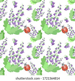 Seamless vector pattern with violet bell flowers and ladybug.