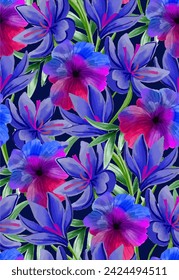 Seamless vector pattern, violet. blue flowers on dark background. Repeating pattern for textiles, clothing prints, design your print products in beauty industry, wallpapers, banners, advertising.