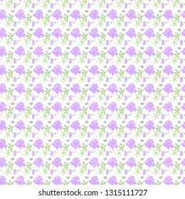 Seamless vector pattern with violet colors and green leaves on a white backdrop, textured. Cute floral illustration. Beautiful tiles, packaging, covers, textiles, cards, wallpaper design.