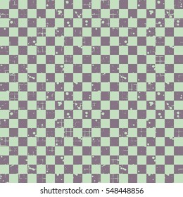 Seamless vector pattern. Violet geometric checkered brown background with squares. Grunge texture with attrition, cracks and ambrosia. Old style vintage design. Graphic illustration..