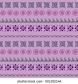 Seamless vector pattern. Violet geometrical background with hand drawn little decorative elements. Print with ethnic, folk, traditional motifs. Graphic vector illustration. 