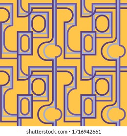 Seamless vector pattern in violet, lilac, and orange. Elegant mix of art deco and industrial style, perfect for textile. Intertwining lines and oval frames create complex eye catching maze.