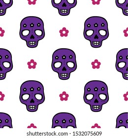 Seamless vector pattern with violet sugar skulls and flowers on white background. Dia de Muertos, Mexican Dead Day pattern for decoration, fest invitations, fabric, textile, print, gift wrapping paper