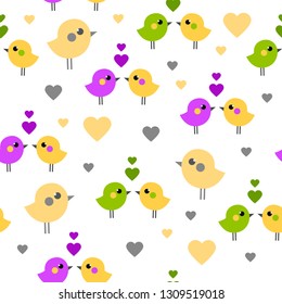 Seamless vector pattern with violet, yellow and green birds and hearts. Cute cartoon animal couple. Bright love background. Summer wrapping paper