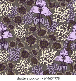 Seamless vector pattern. Violet and yellow pastel graphic flowers. For textile, wallpaper , background or your design.