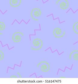 Seamless vector pattern with violet zigzags and green spirals on violet for wrapping, kraft, fabric, print, cards