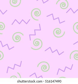 Seamless vector pattern with violet zigzags and green spirals on purple for wrapping, kraft, fabric, print, cards