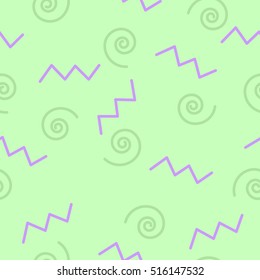 Seamless vector pattern with violet zigzags and green spirals on green for wrapping, kraft, fabric, print, cards