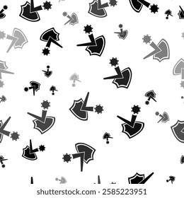 Seamless vector pattern with virus bounces off the shield symbols, creating a creative monochrome background with rotated elements. Vector illustration on white background