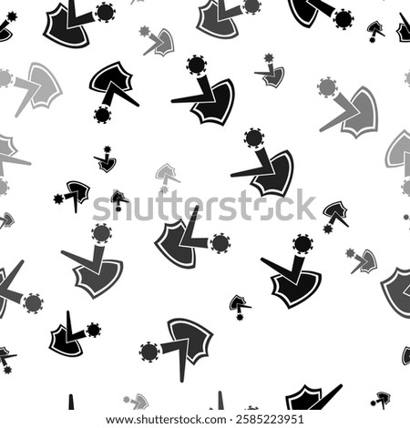 Seamless vector pattern with virus bounces off the shield symbols, creating a creative monochrome background with rotated elements. Vector illustration on white background