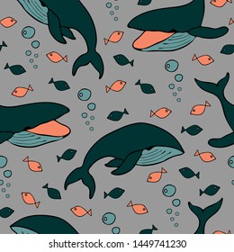 Seamless vector pattern with wales and pink fishes on light blue background. Underwater wallpaper design. Marine fashion textile.