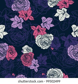 Seamless vector pattern,  Wallpaper, Vector Background with roses in vintage style