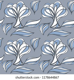 Seamless vector pattern for wallpaper and textile. Graphic trees and leaves blue
