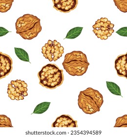 Seamless vector pattern with walnuts with walnut shells. leaves and parts in cartoon style cute design Modern bright colors for paper covers. interior fabrics, backgrounds, and other users.