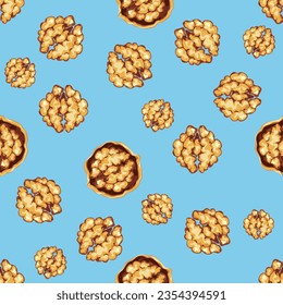 Seamless vector pattern with walnuts with walnut shells. and parts in cartoon style cute design Modern bright colors for paper covers. interior fabrics, backgrounds, and other users.
