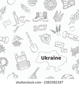 Seamless vector pattern of war in ukraine with set of military and ukrainian national elements