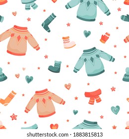 Seamless vector pattern from warm clothes for autumn and winter. Warmth, Christmas, comfort. Isolated on white. For printing, postcards, stickers, textiles, fabrics and wrapping paper.