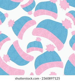 Seamless vector pattern with Warm Hats. Vintage style background with blue knitted accessories on white. Flat illustration Winter template for textile, banner, poster, wrappimg paper.