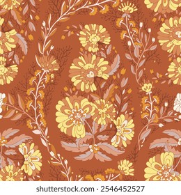 Seamless vector pattern of warm-toned florals and branches in a vintage style, perfect for fall-themed projects and decor.