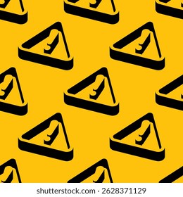 Padrão de vetor contínuo com sinais de aviso em estilo isométrico e formas negras em negrito em um plano de fundo amarelo. Projeto espacial negativo perfeito para segurança, alerta ou temas industriais.