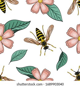 Seamless vector pattern with wasp and peach flowers. Repeat tiles for textile, wrapping paper