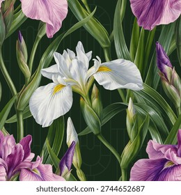 Seamless vector pattern with water iris flowers isolated on a changeable background with geometric Art Nouveau elements.