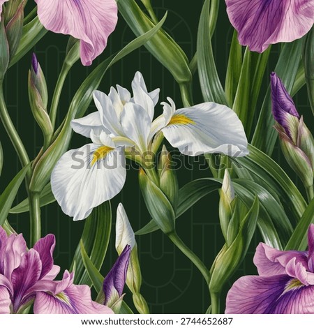 Seamless vector pattern with water iris flowers isolated on a changeable background with geometric Art Nouveau elements.